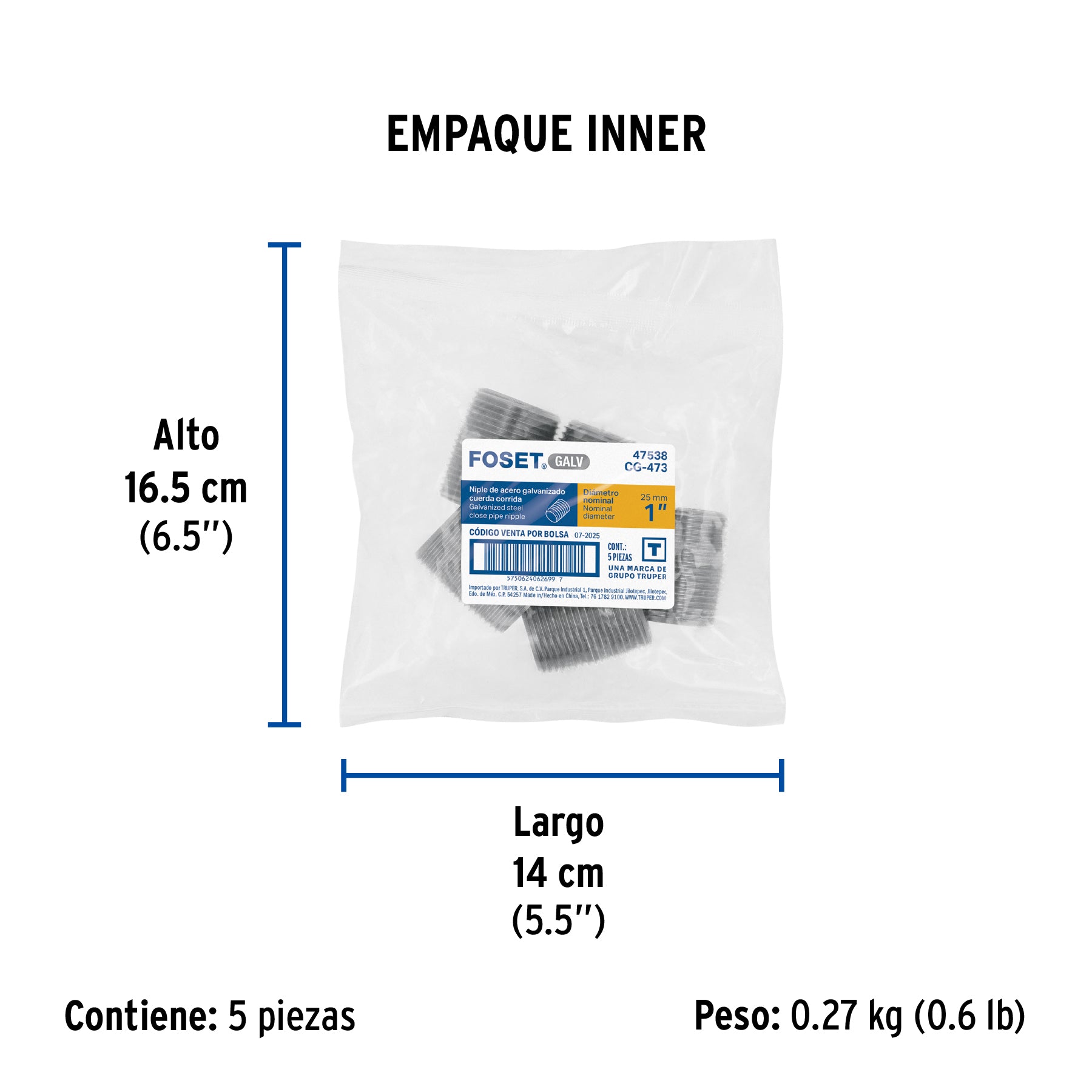 Niple, acero galvanizado, cuerda corrida, 1" cédula 40