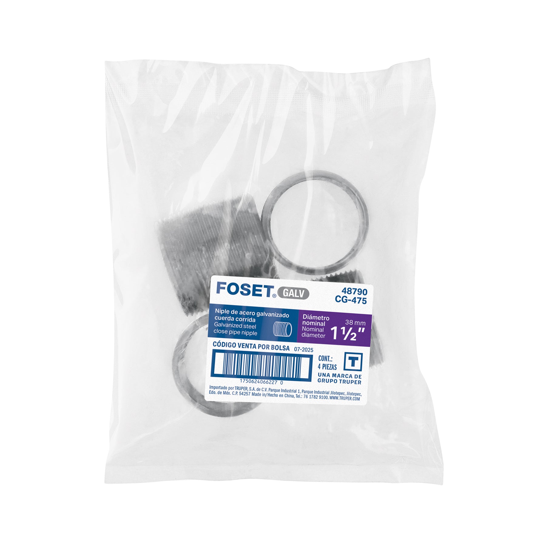 Niple, acero galvanizado, cuerda corrida, 1-1/2"
