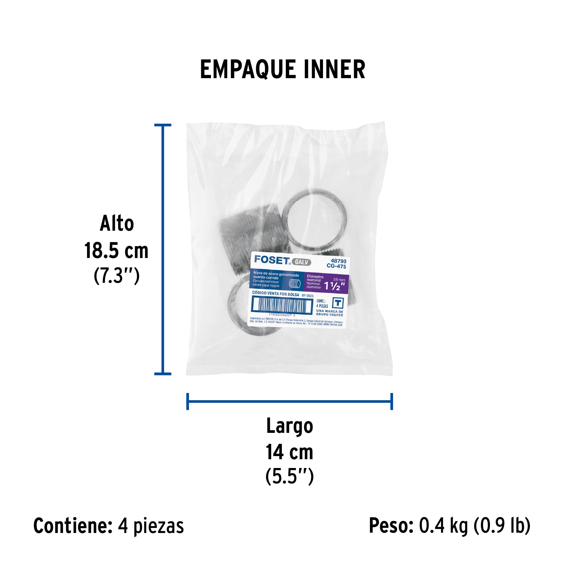 Niple, acero galvanizado, cuerda corrida, 1-1/2"
