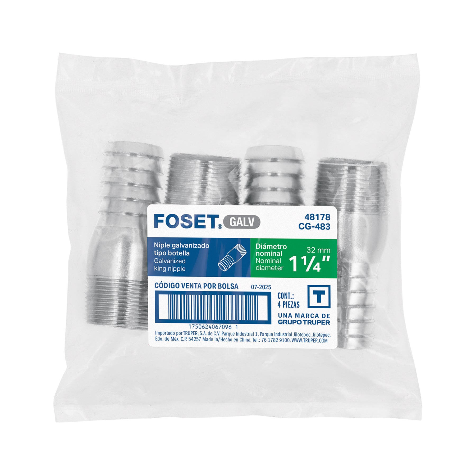 Niple galvanizado tipo botella, 1-1/4"