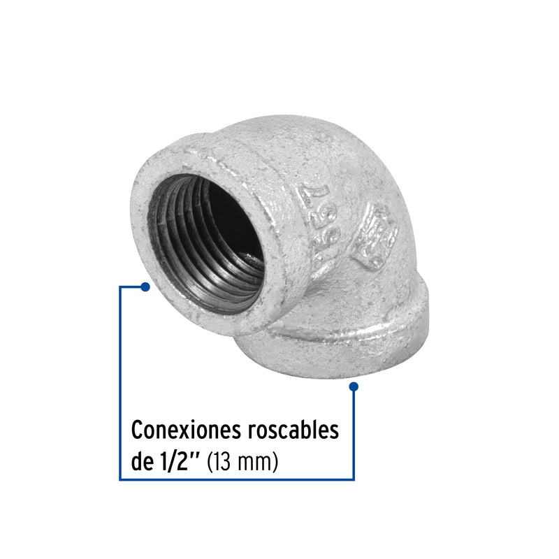 Codo 90°, acero galvanizado, 1/2"
