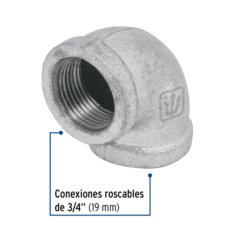 Codo 90°, acero galvanizado, 3/4"