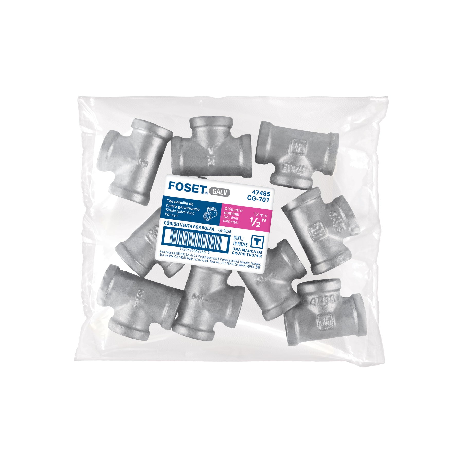 Tee sencilla, acero galvanizado, 1/2"