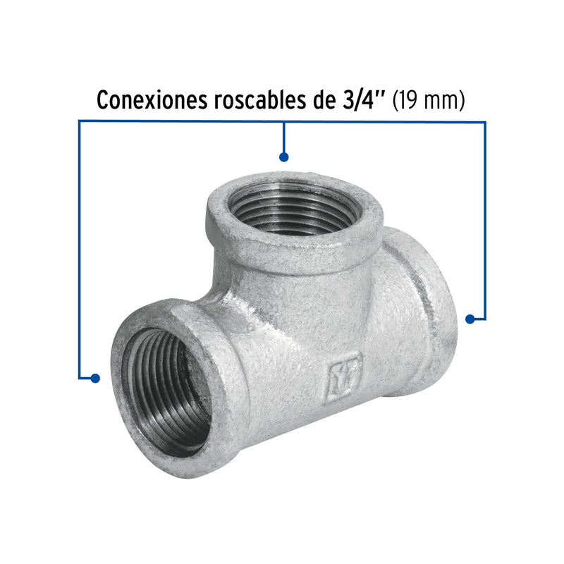 Tee sencilla, acero galvanizado, 3/4"