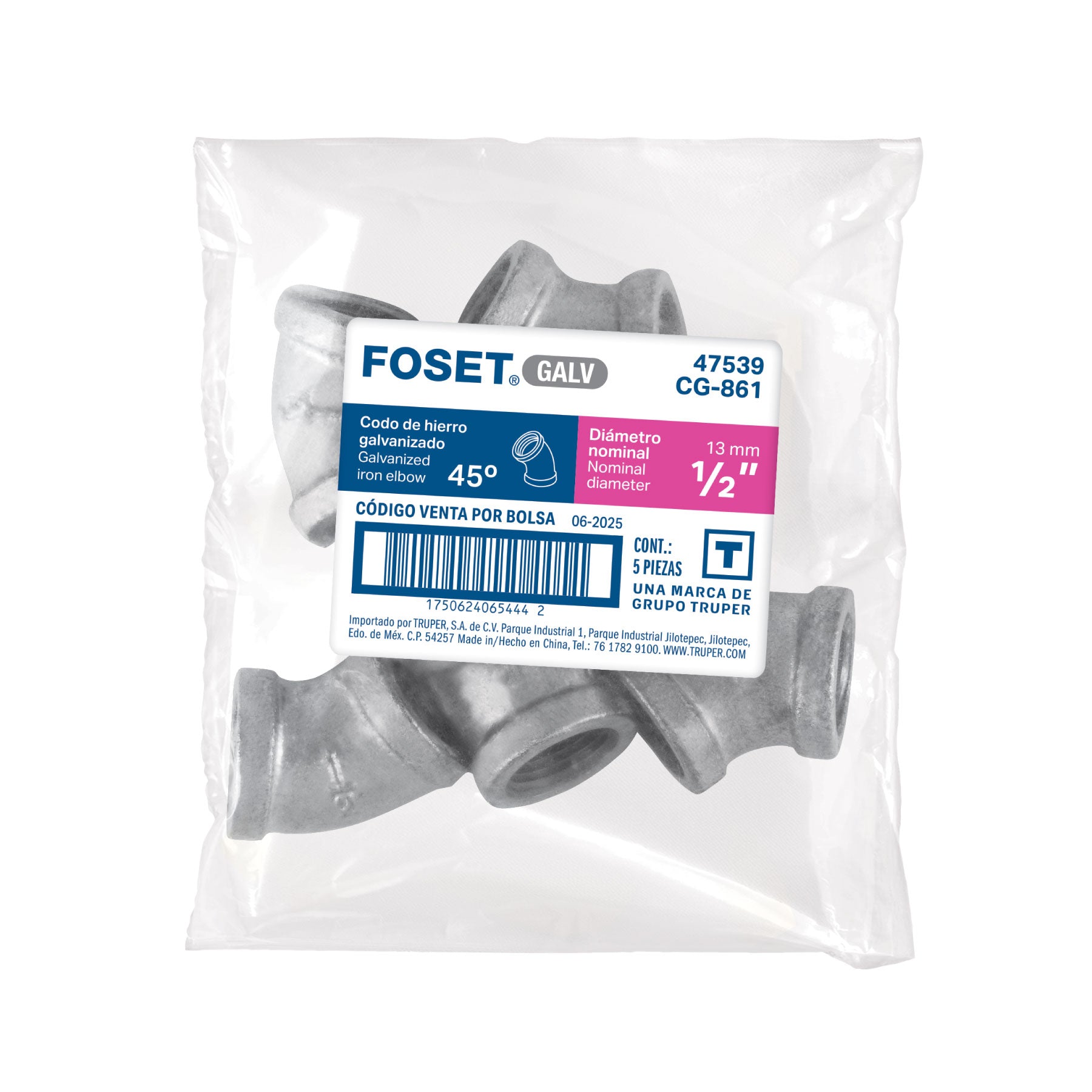 Codo 45°, acero galvanizado, 1/2"