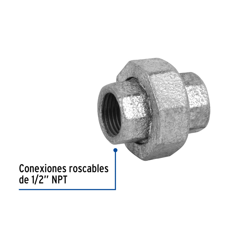 Tuerca unión, acero galvanizado, 1/2"