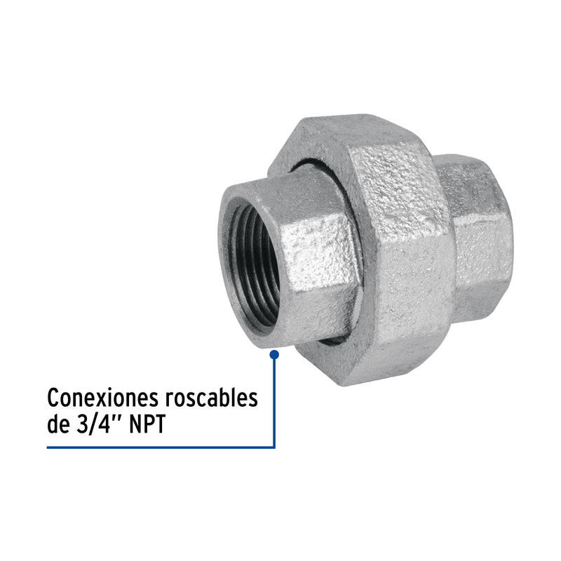 Tuerca unión, acero galvanizado, 3/4"