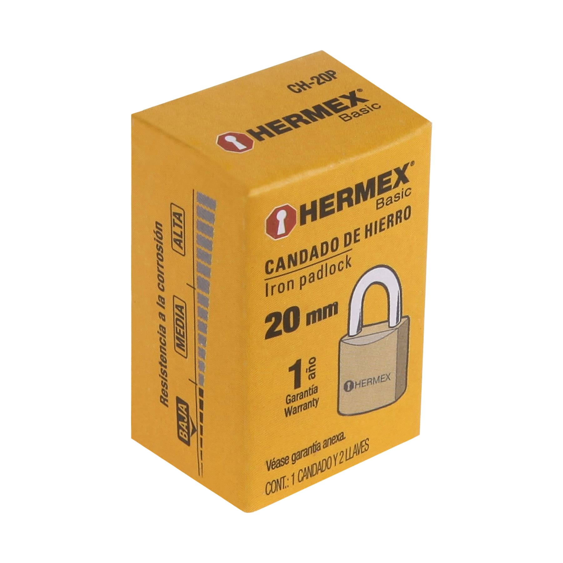 Candado de hierro, 20mm, gancho corto, caja, Hermex Basic