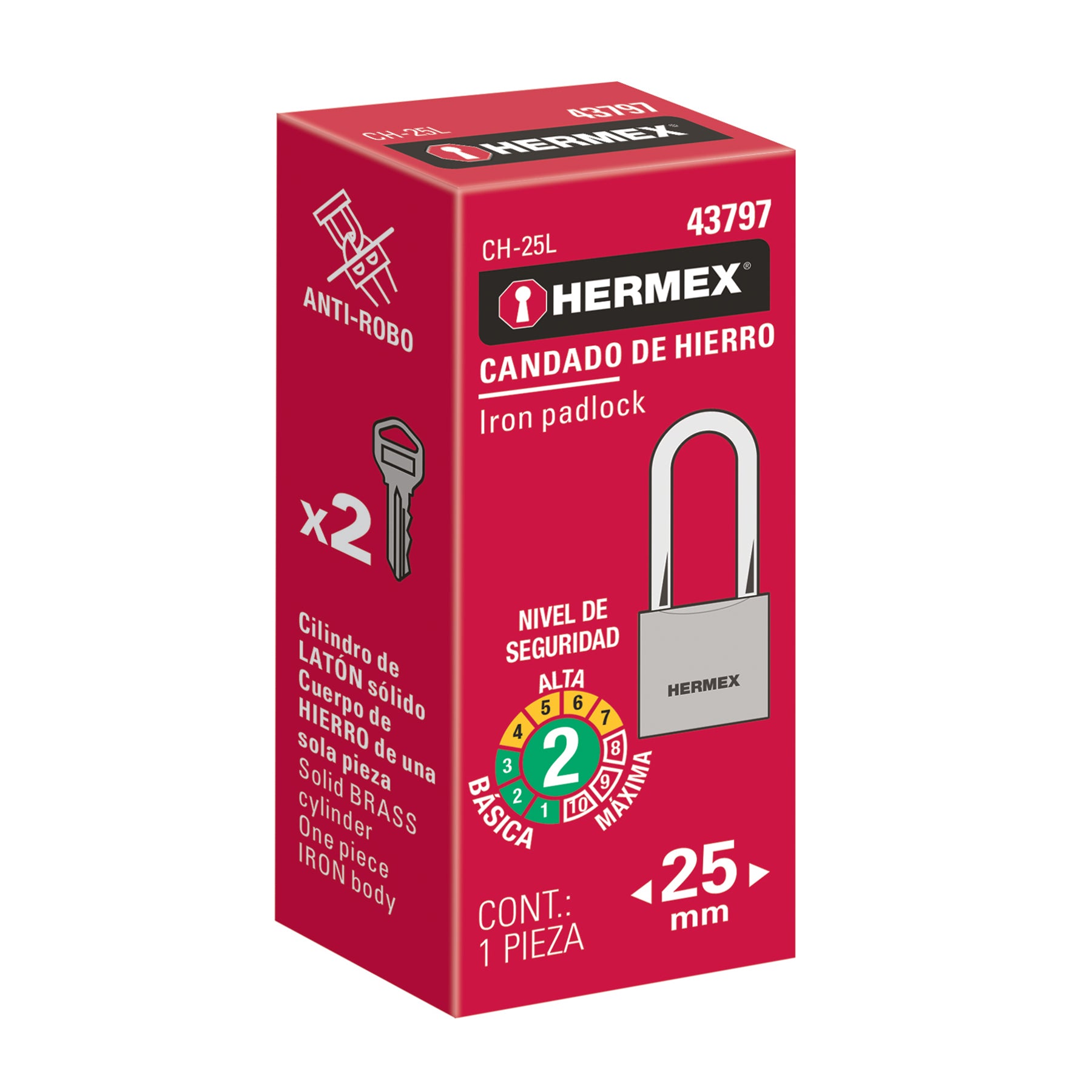 Candado de hierro, 25mm, gancho largo, caja