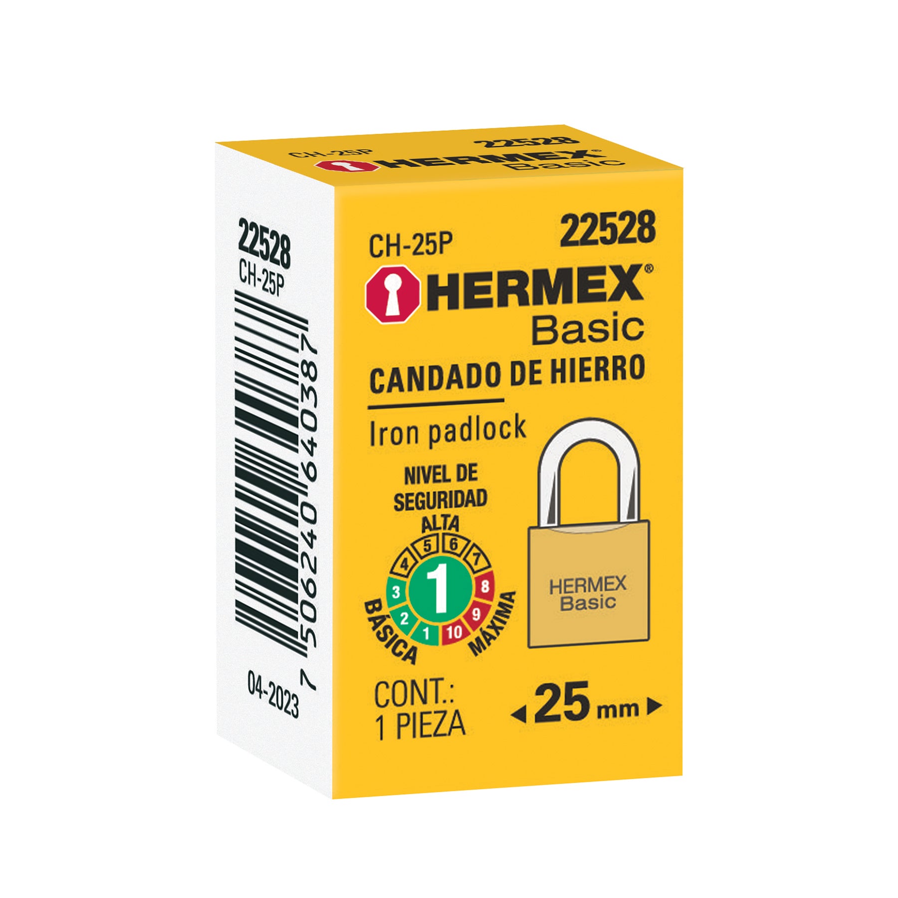 Candado de hierro, 25mm, gancho corto, caja, Hermex Basic