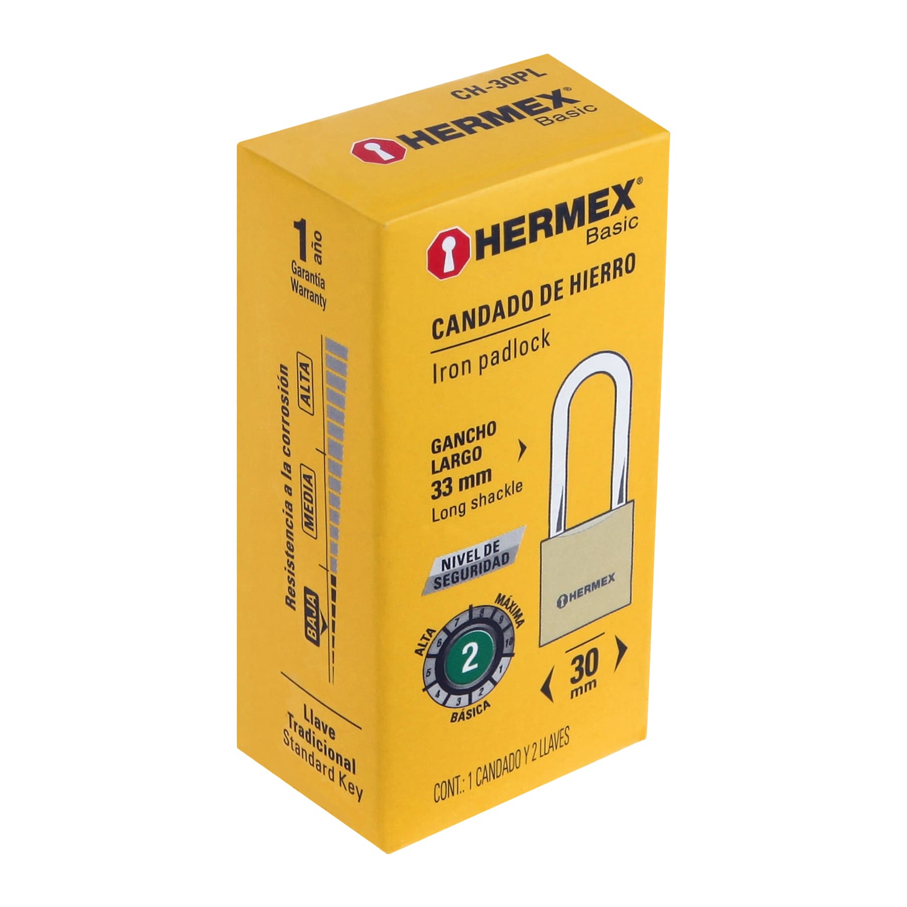 Candado de hierro, 30mm, gancho largo, caja, Hermex Basic