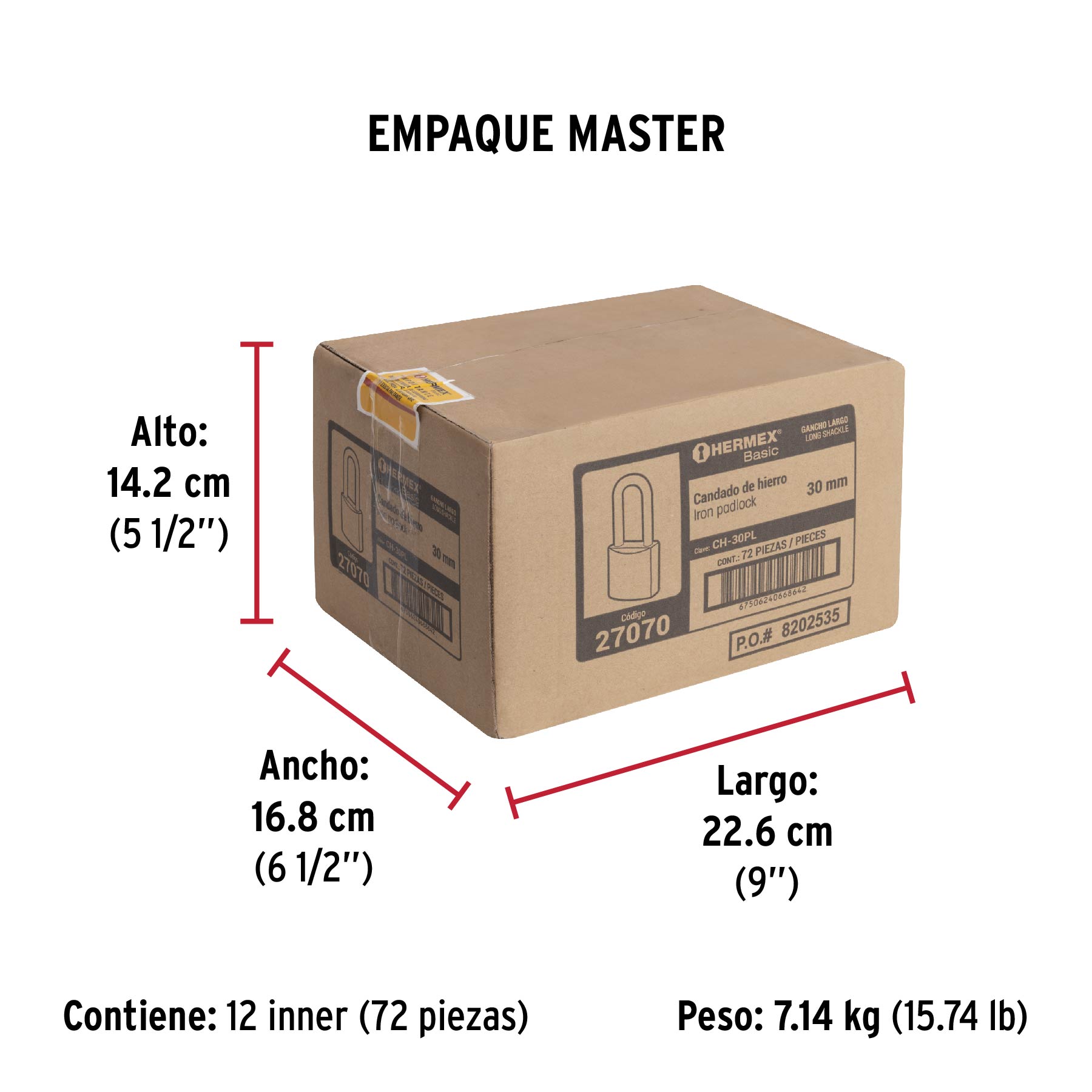 Candado de hierro, 30mm, gancho largo, caja, Hermex Basic