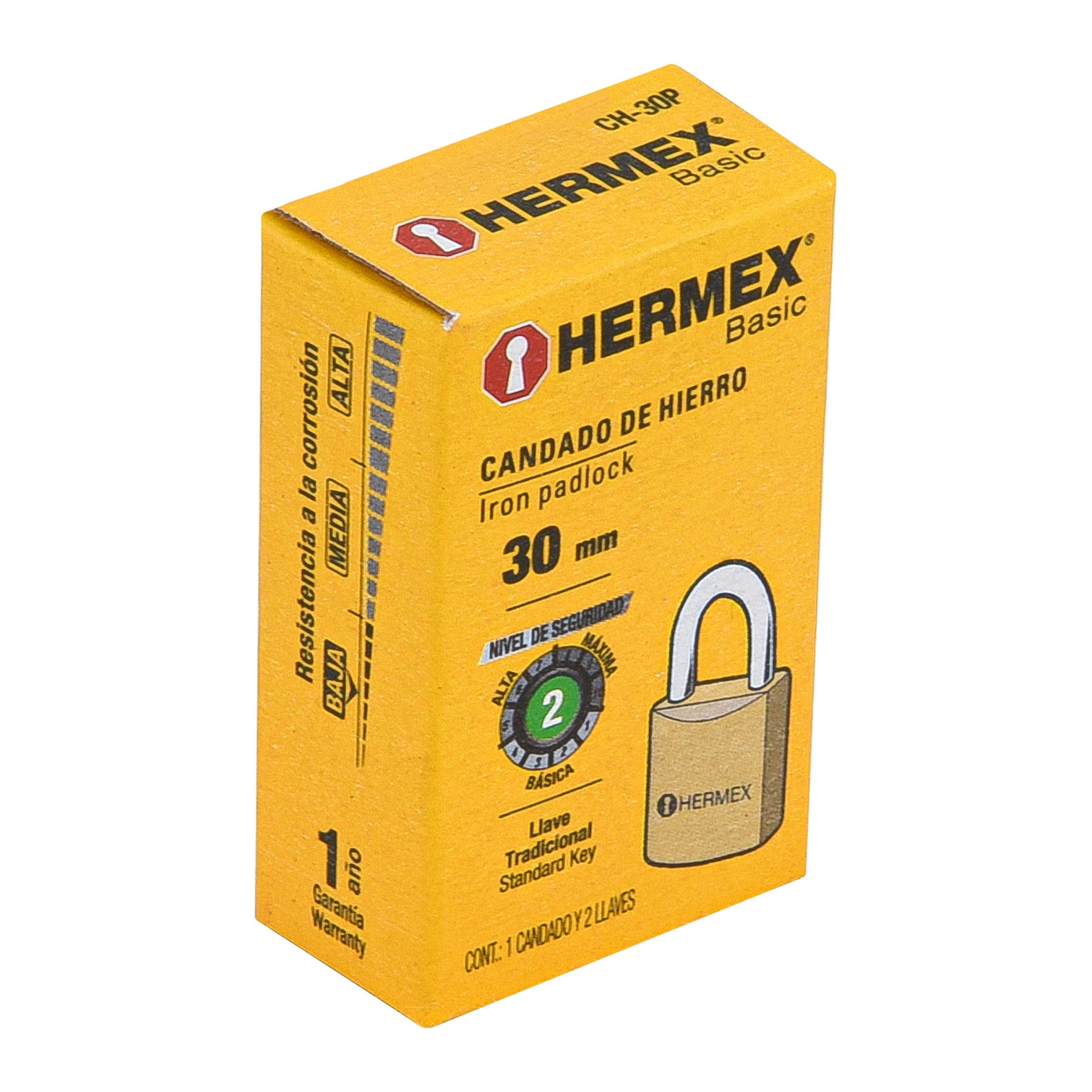 Candado de hierro, 30mm, gancho corto, caja, Hermex Basic