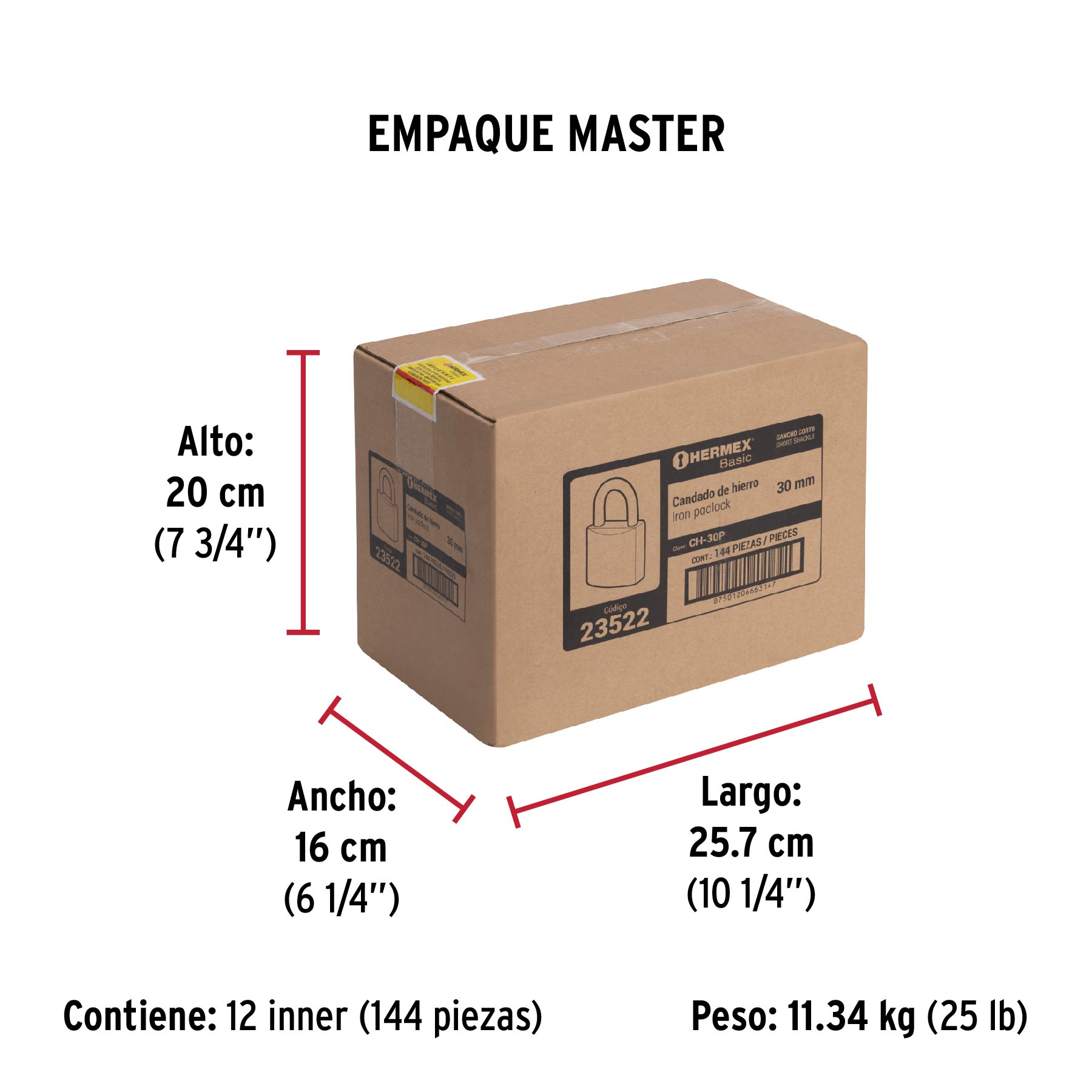 Candado de hierro, 30mm, gancho corto, caja, Hermex Basic