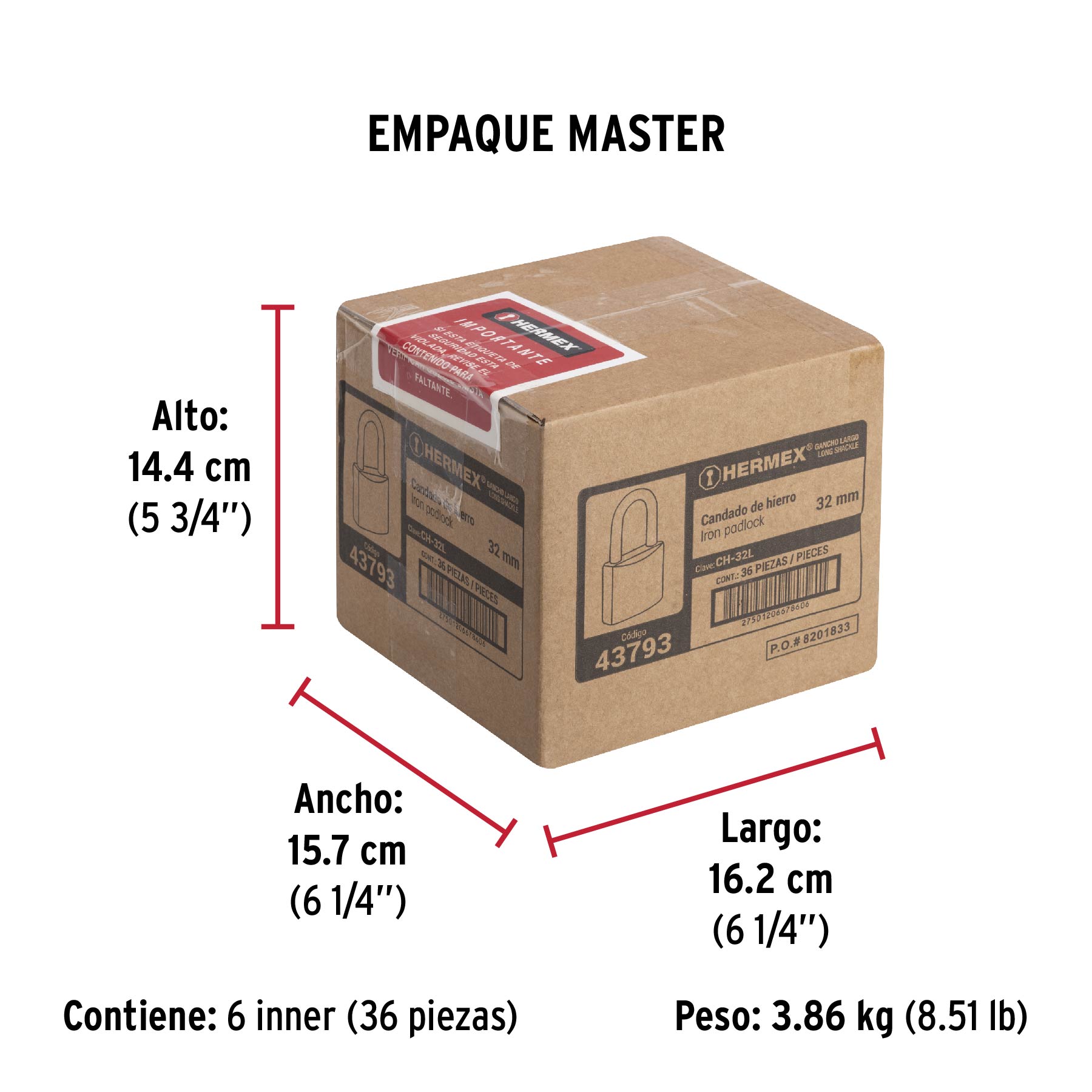 Candado de hierro, 32 mm, gancho largo, caja