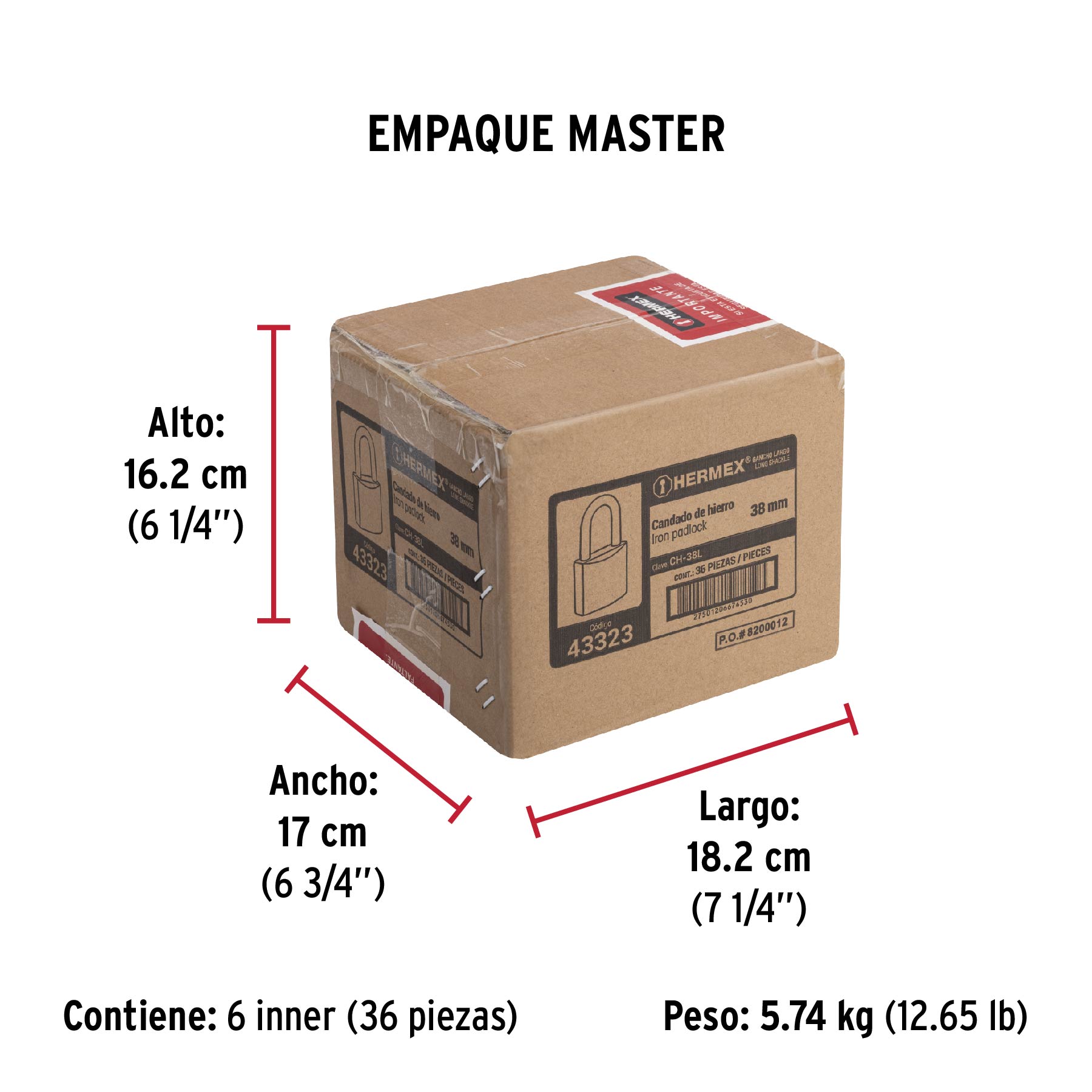 Candado de hierro, 38mm, gancho largo, caja