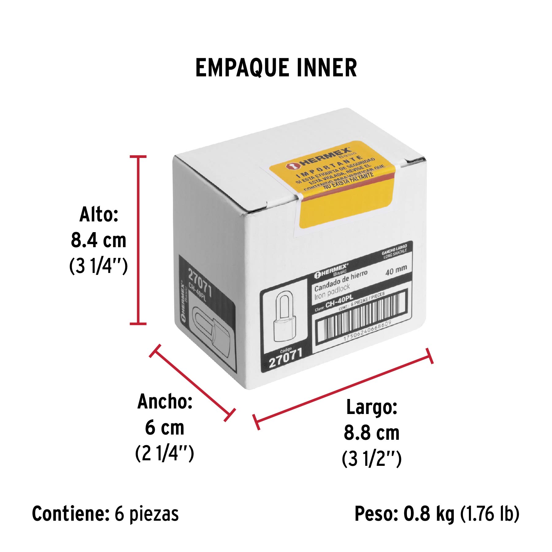 Candado de hierro, 40mm, gancho largo, caja, Hermex Basic