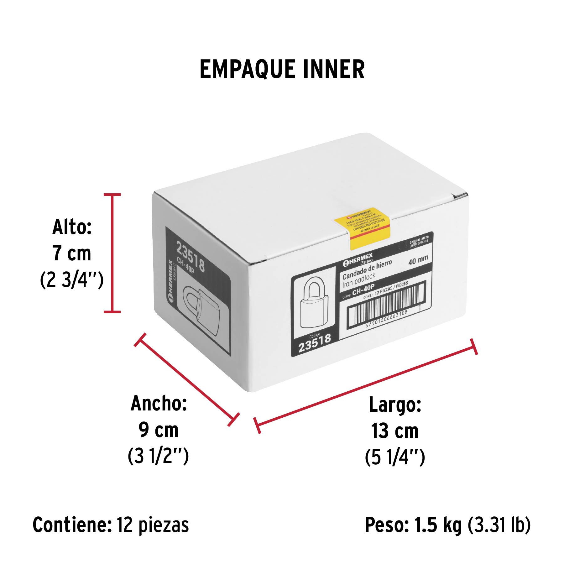 Candado de hierro, 40mm, gancho corto, caja, Hermex Basic