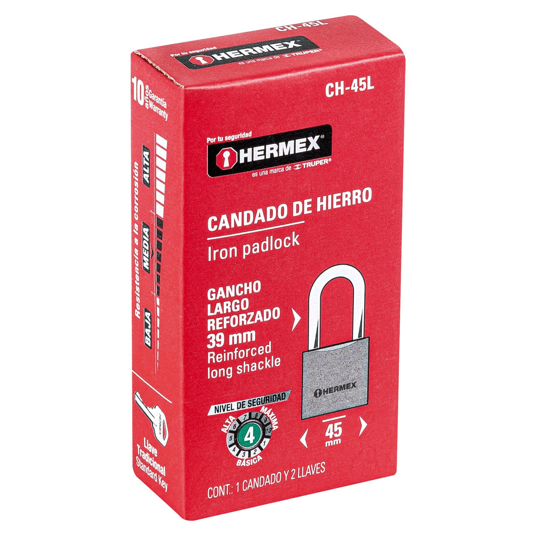 Candado de hierro, 45mm, gancho largo, caja