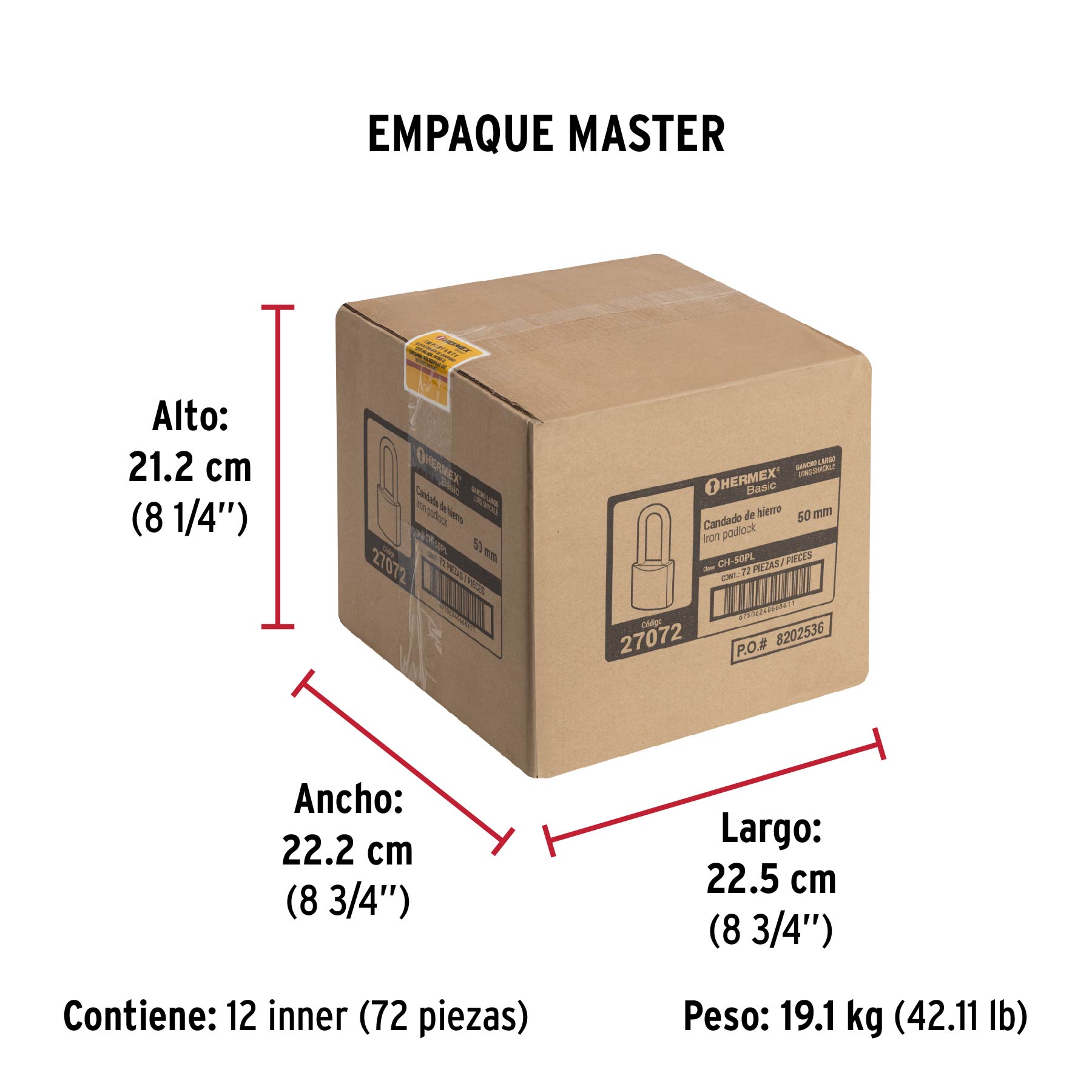 Candado de hierro, 50mm, gancho largo, caja, Hermex Basic