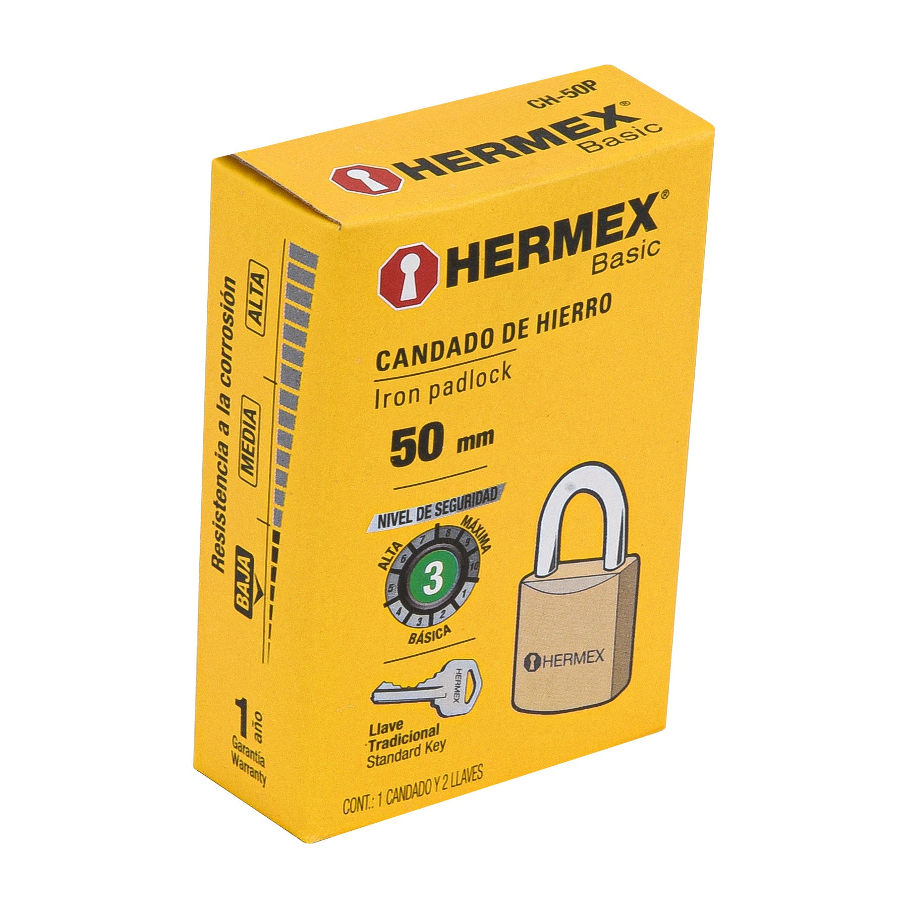 Candado de hierro, 50mm, gancho corto, caja, Hermex Basic