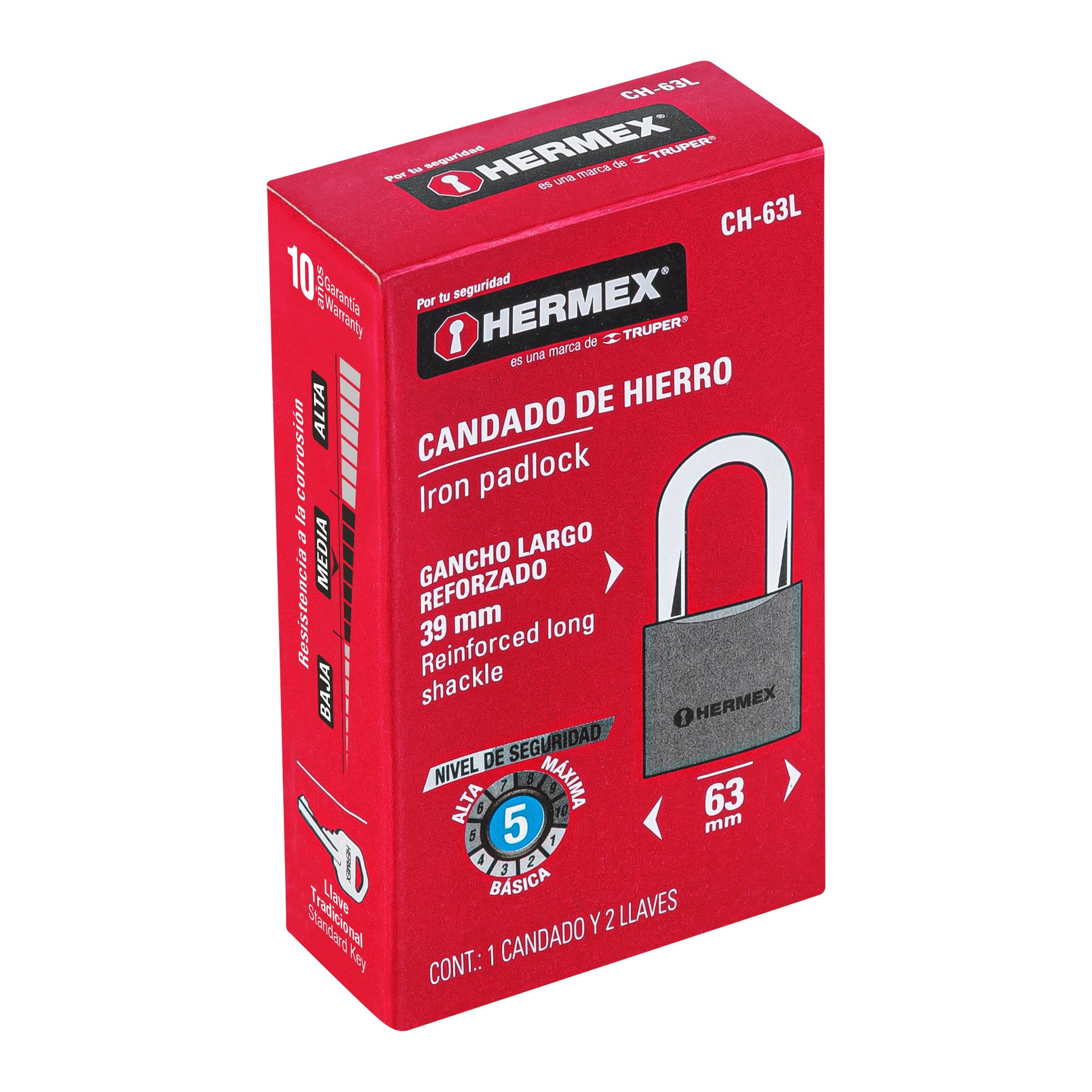 Candado de hierro, 63mm, gancho largo, caja