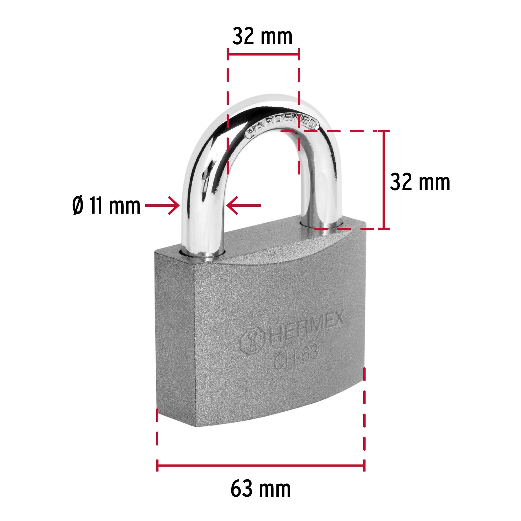 Candado de hierro, 63mm, gancho corto, caja