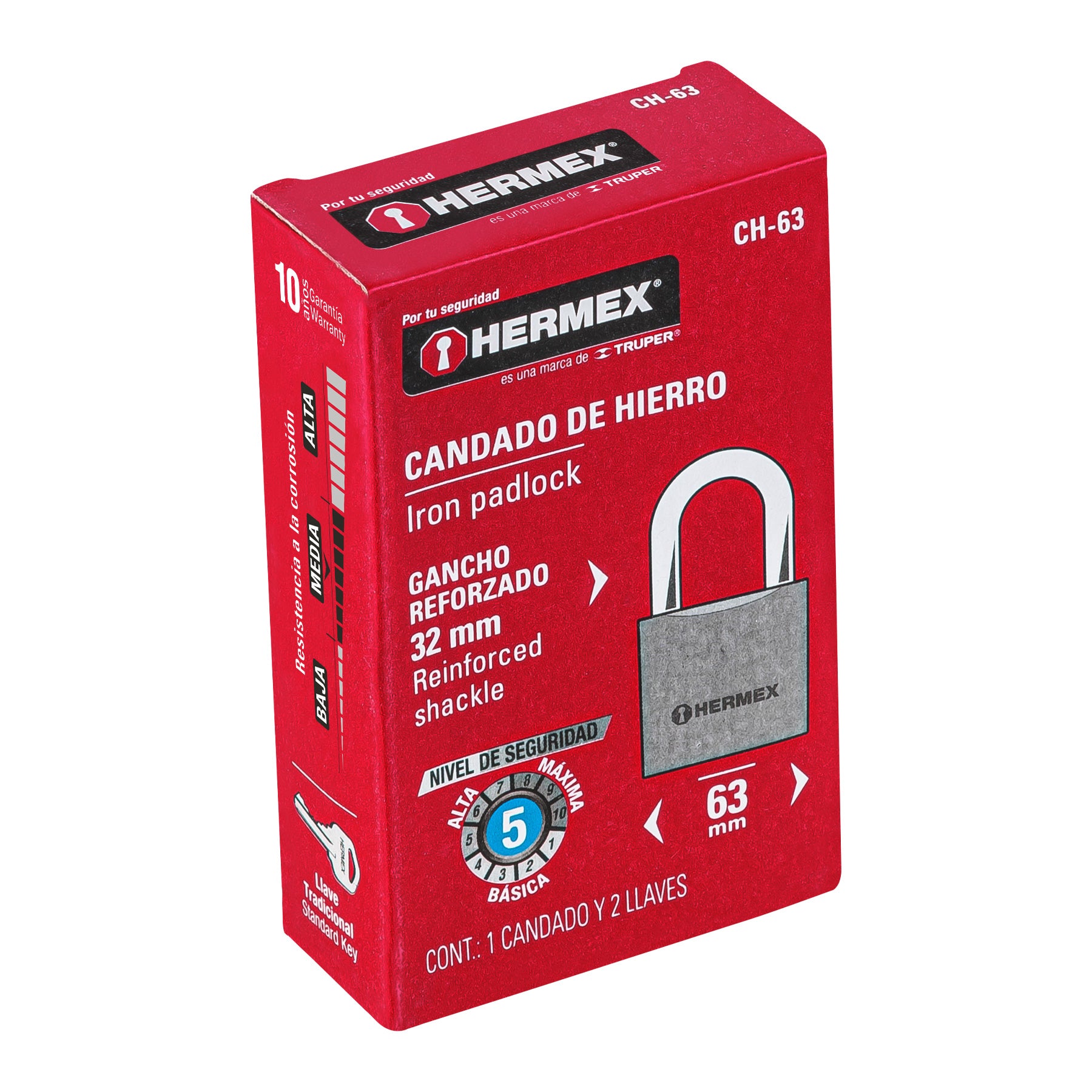 Candado de hierro, 63mm, gancho corto, caja
