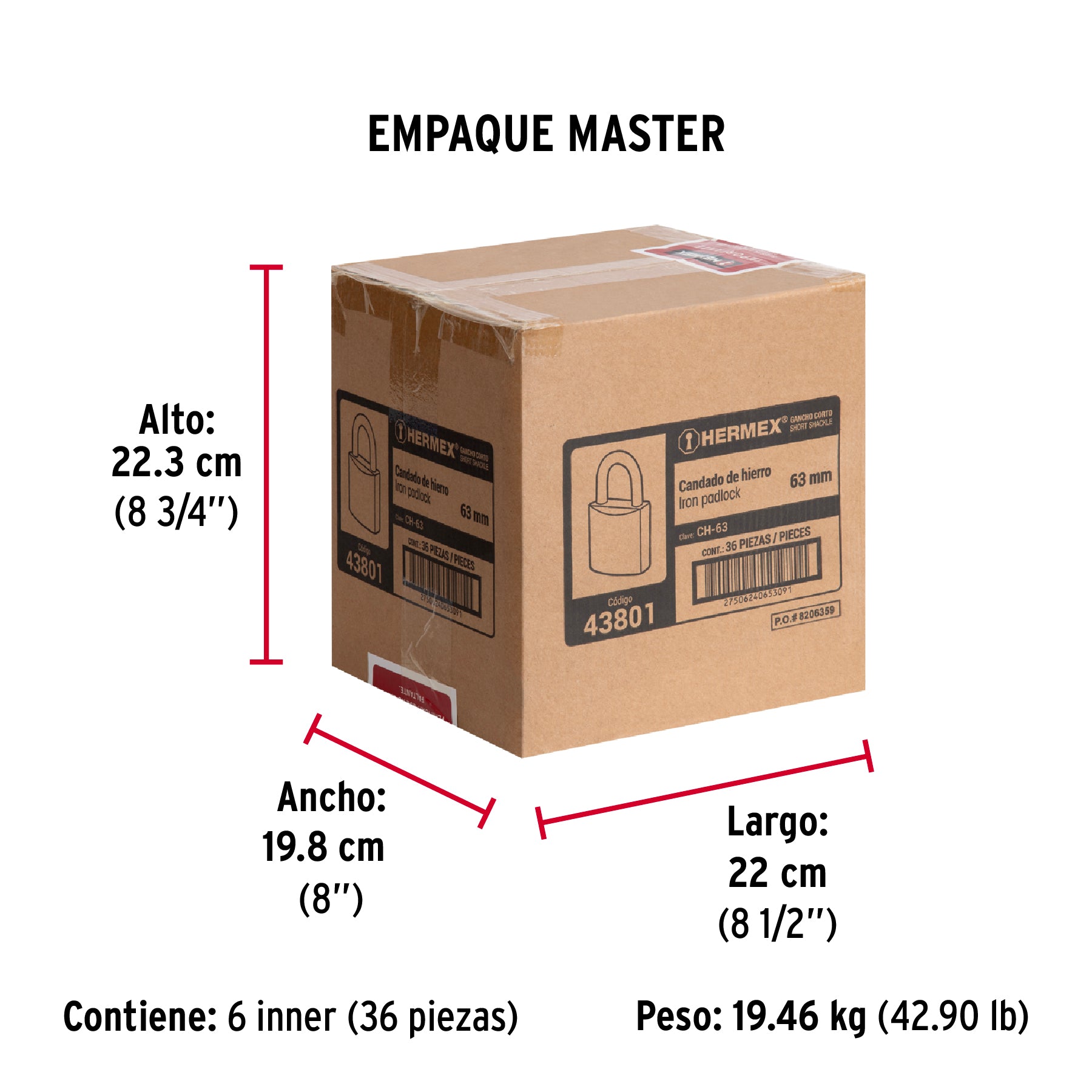 Candado de hierro, 63mm, gancho corto, caja