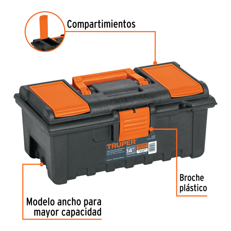 Caja plástica 14" con compartimentos, naranja