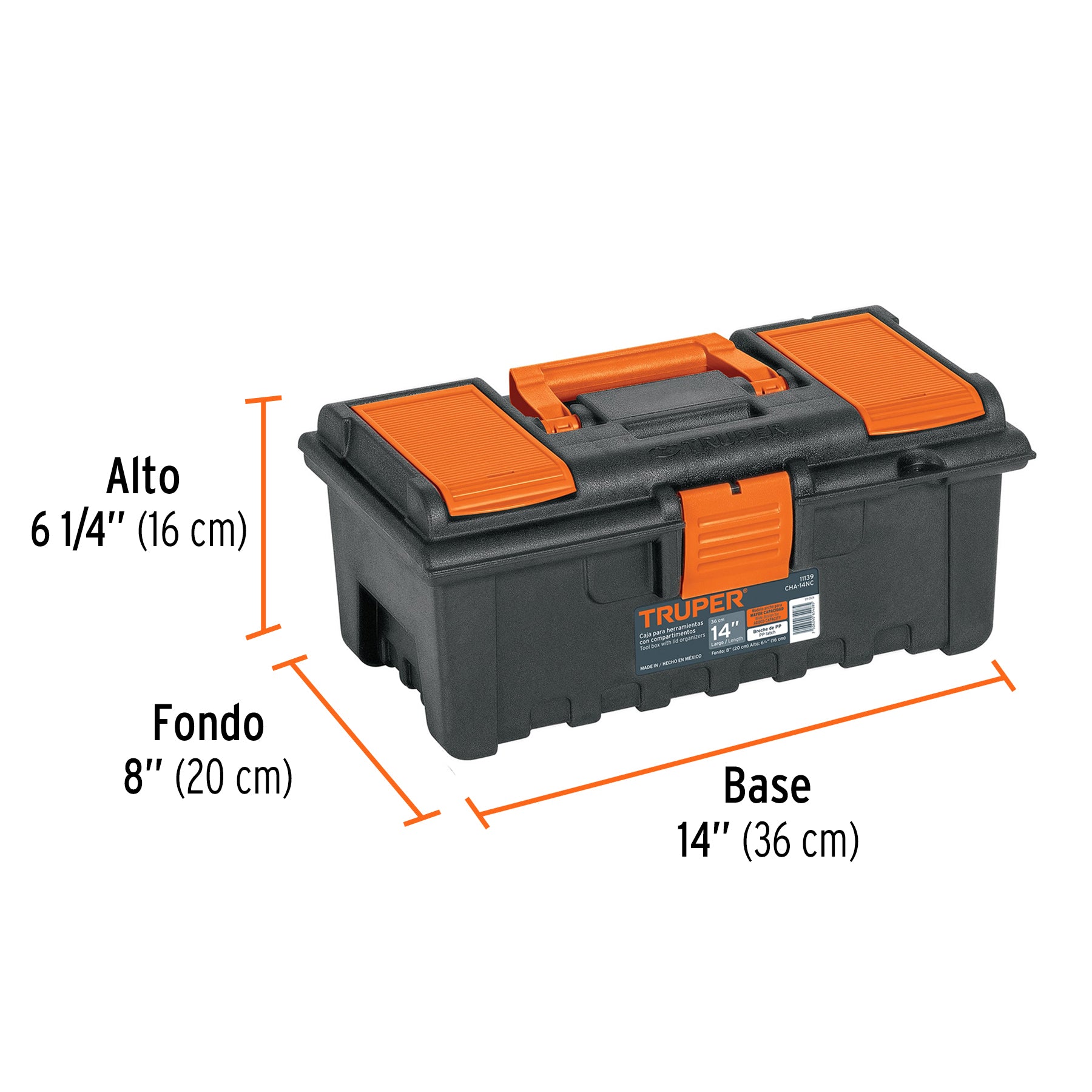 Caja plástica 14" con compartimentos, naranja