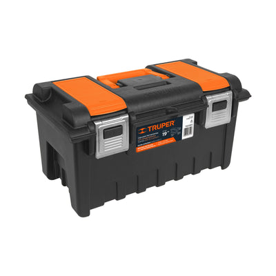 Caja plástica 19" c/compartimentos, naranja, broche metálico