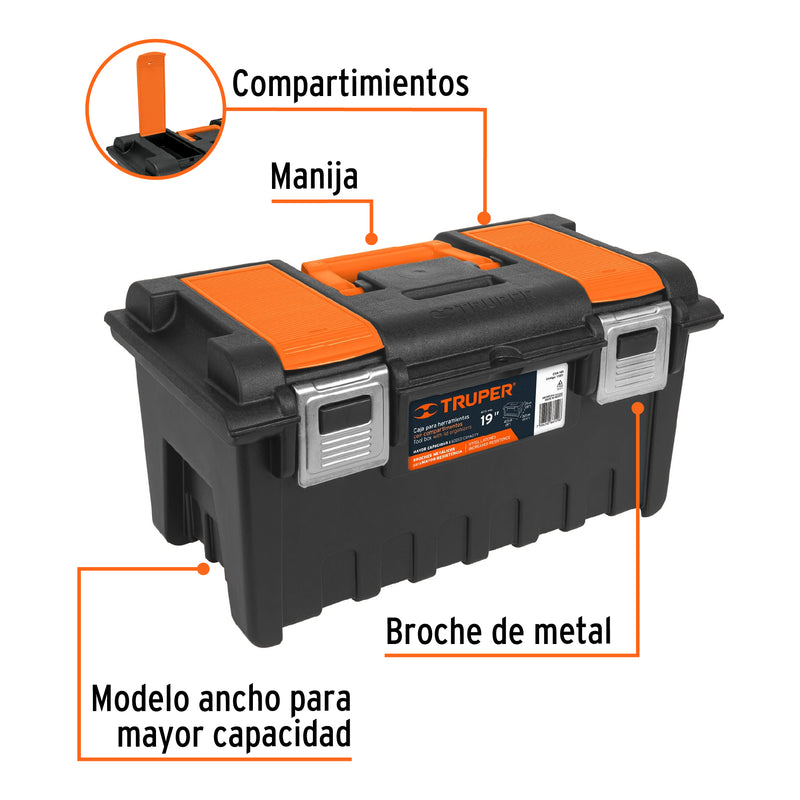 Caja plástica 19" c/compartimentos, naranja, broche metálico