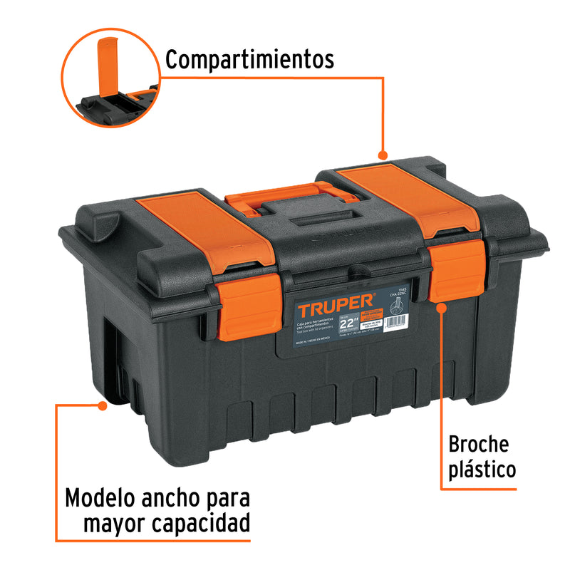 Caja plástica 22" con compartimentos, naranja