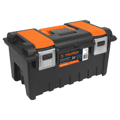 Caja plástica 22" c/compartimentos, naranja, broche metálico 