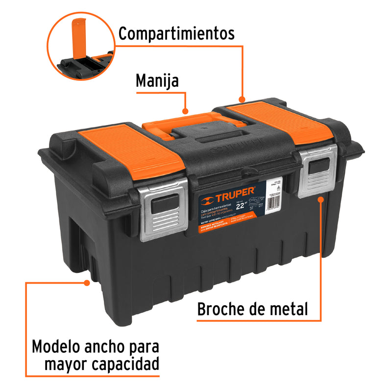 Caja plástica 22" c/compartimentos, naranja, broche metálico 