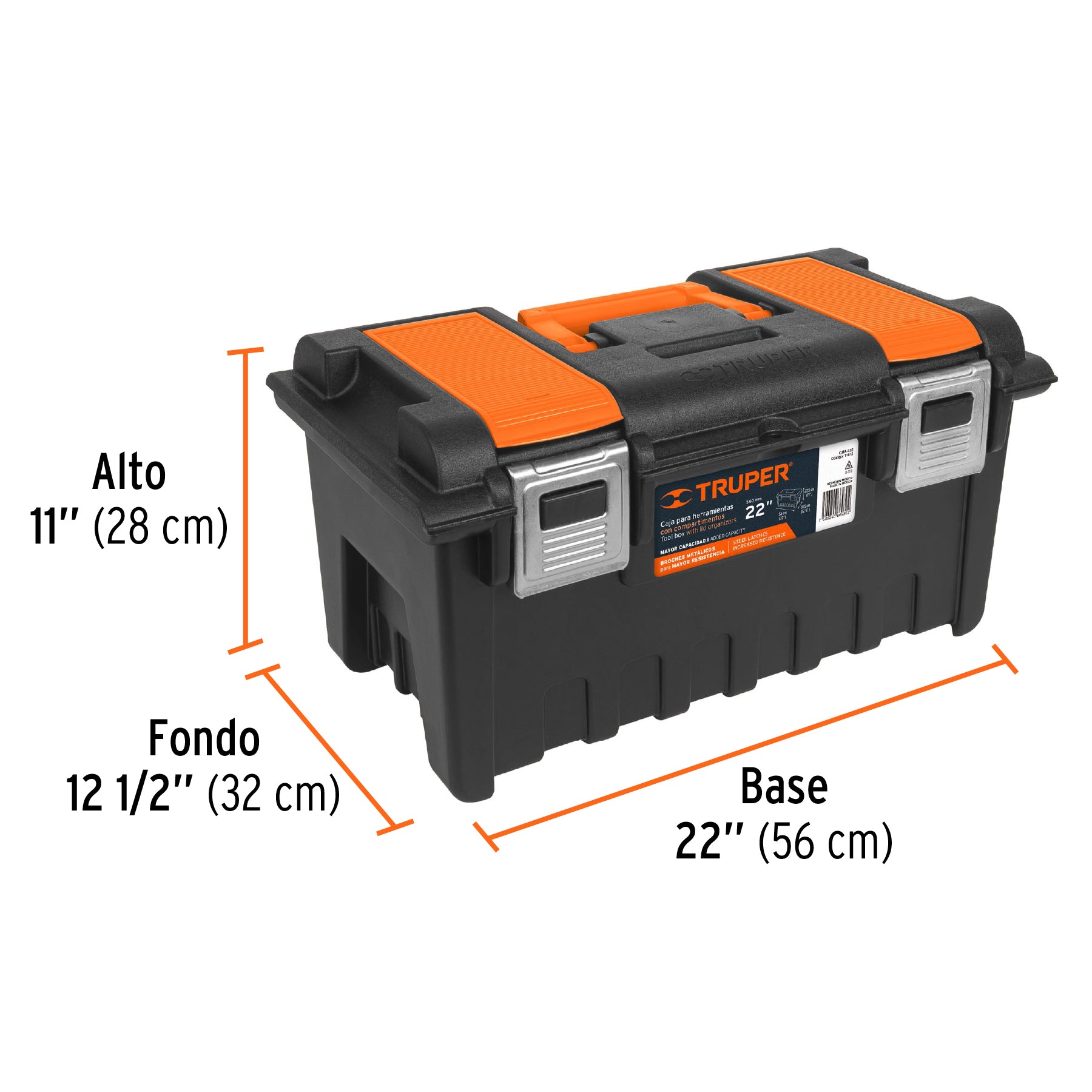Caja plástica 22" c/compartimentos, naranja, broche metálico 