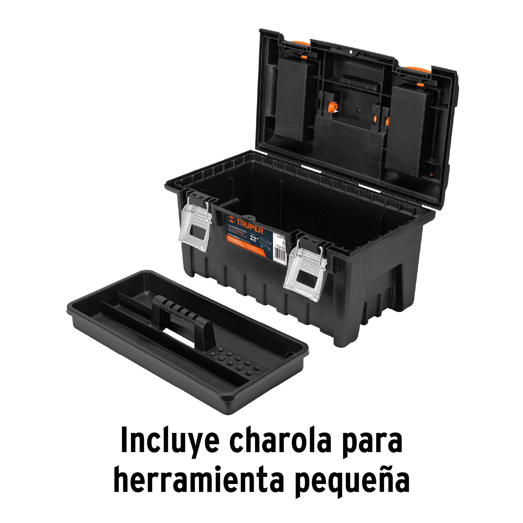 Caja plástica 22" c/compartimentos, naranja, broche metálico 