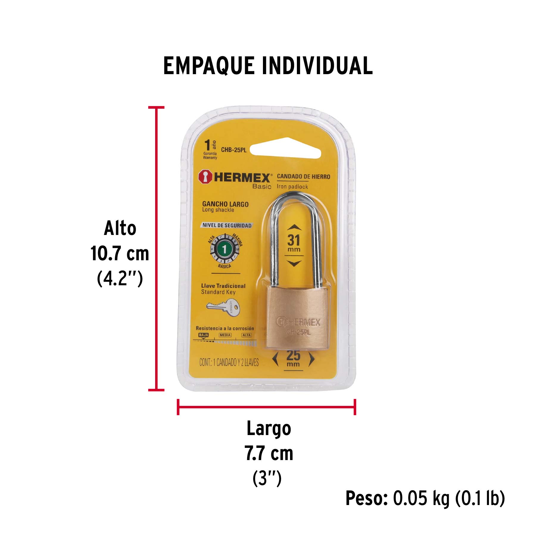 Candado de hierro, 25mm, gancho largo, blister,Hermex Basic