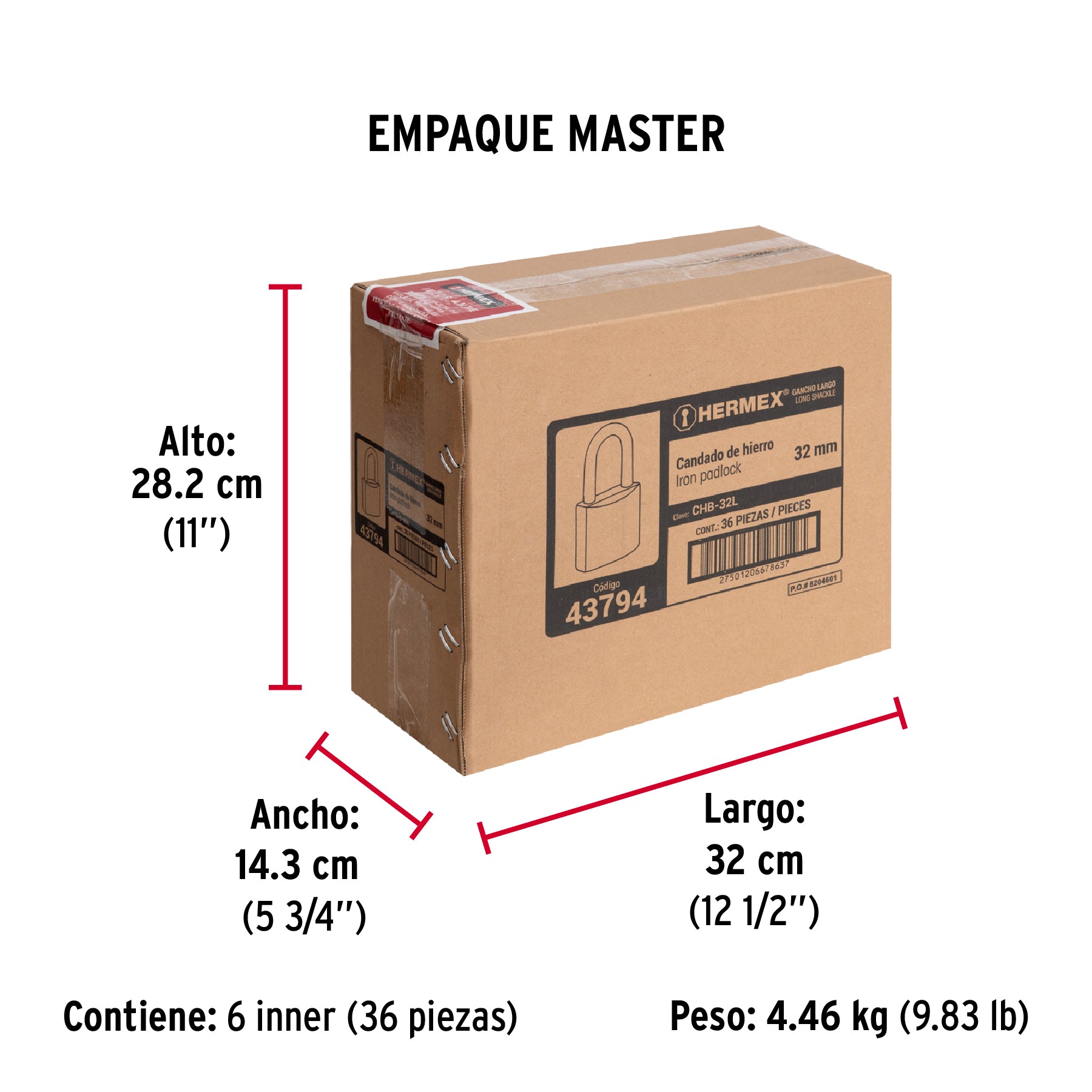 Candado de hierro, 32 mm, gancho largo, blister