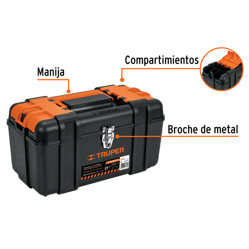 Caja p/herramienta 17' con compartimentos, broches metálicos