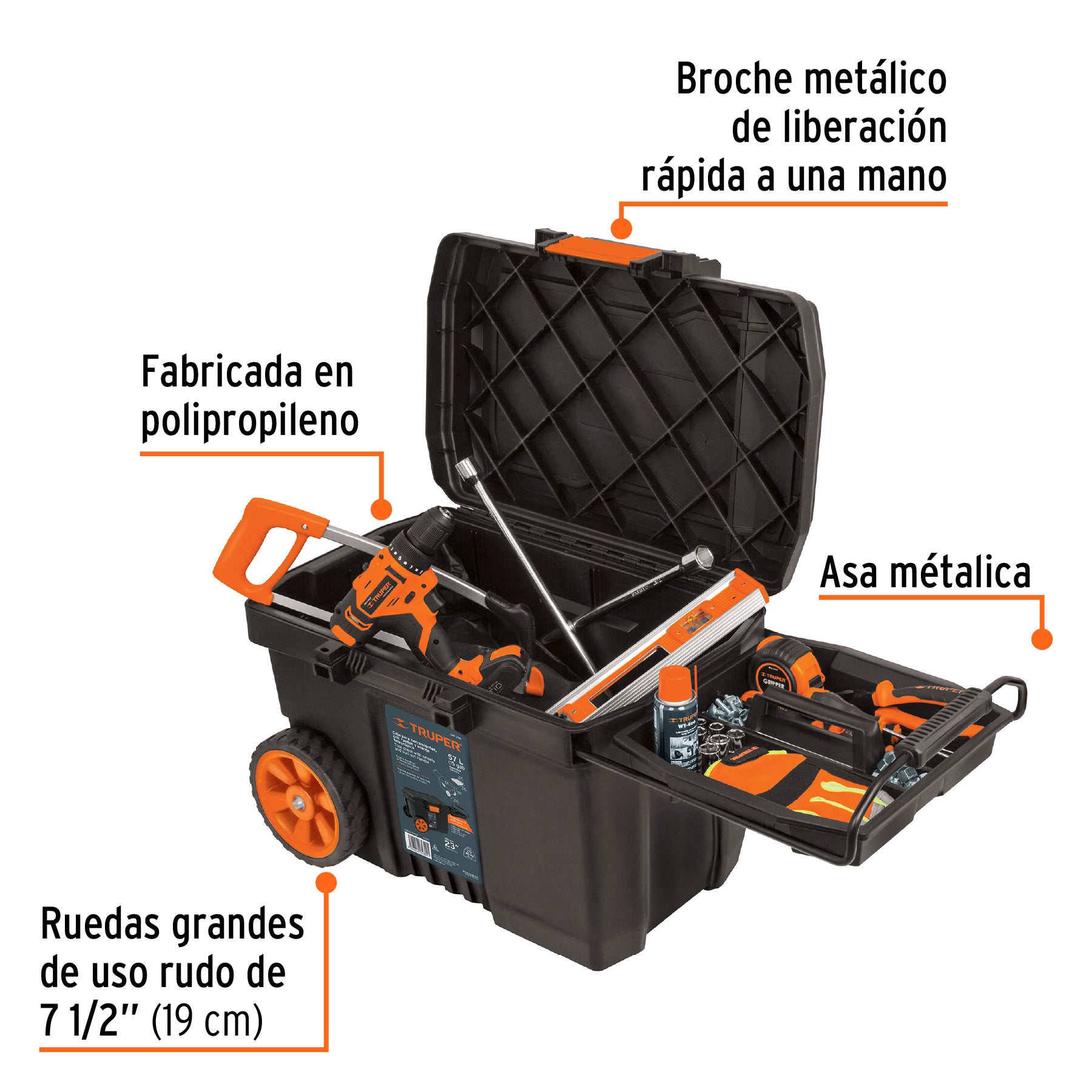 Caja herramienta, plástica, 23", con ruedas