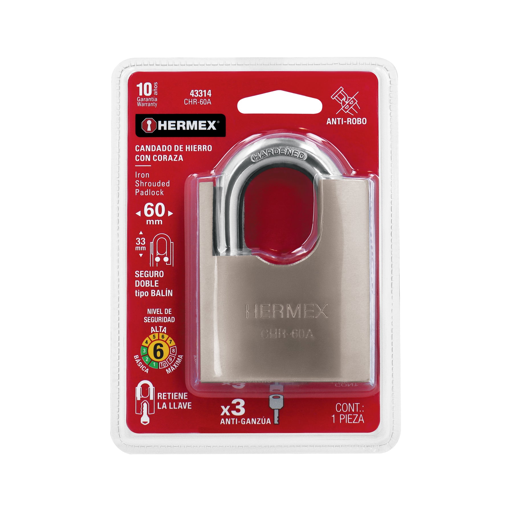 Candado de hierro con coraza, 60mm, llave anti-ganzúa