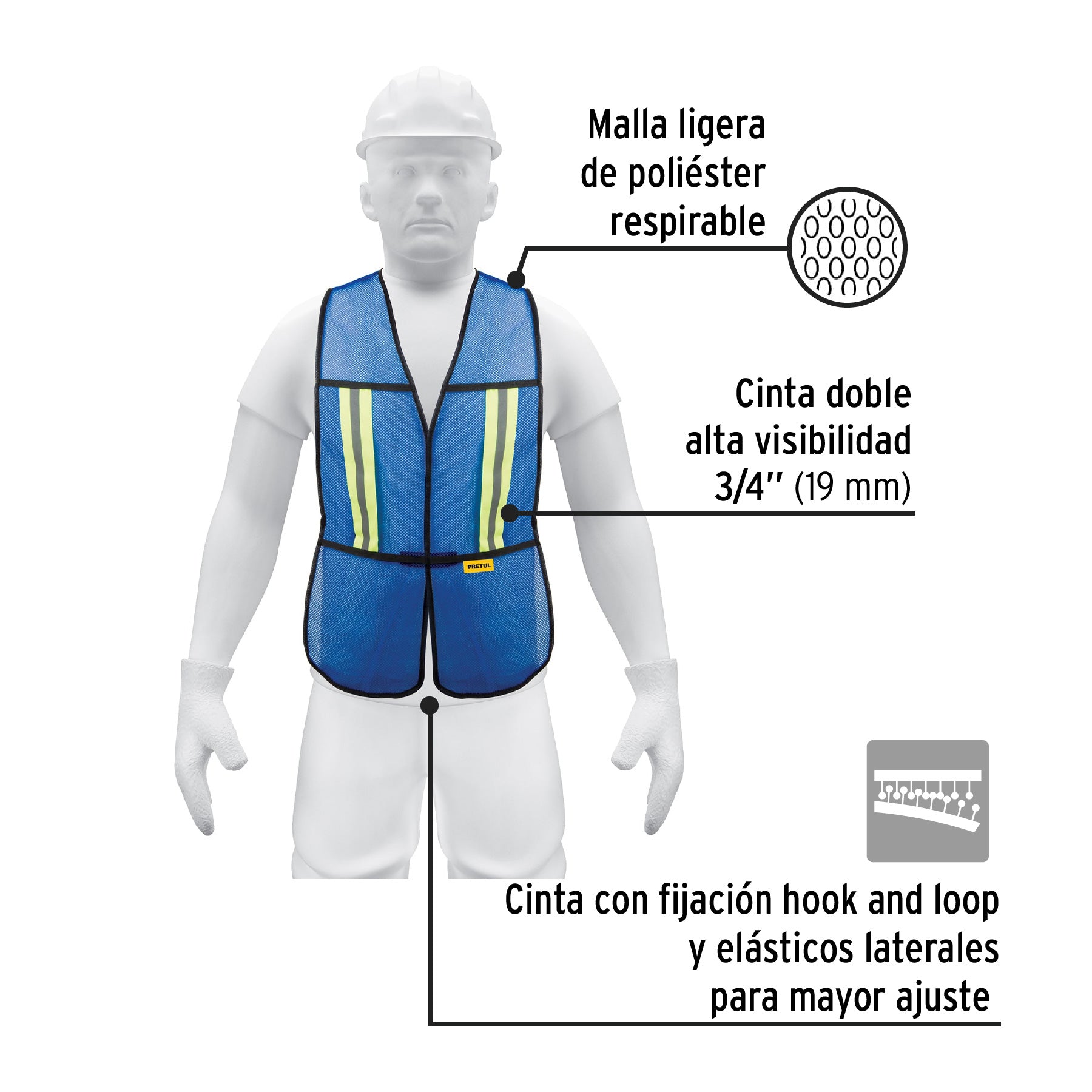Chaleco de seguridad con cintas reflejantes, azul, Pretul