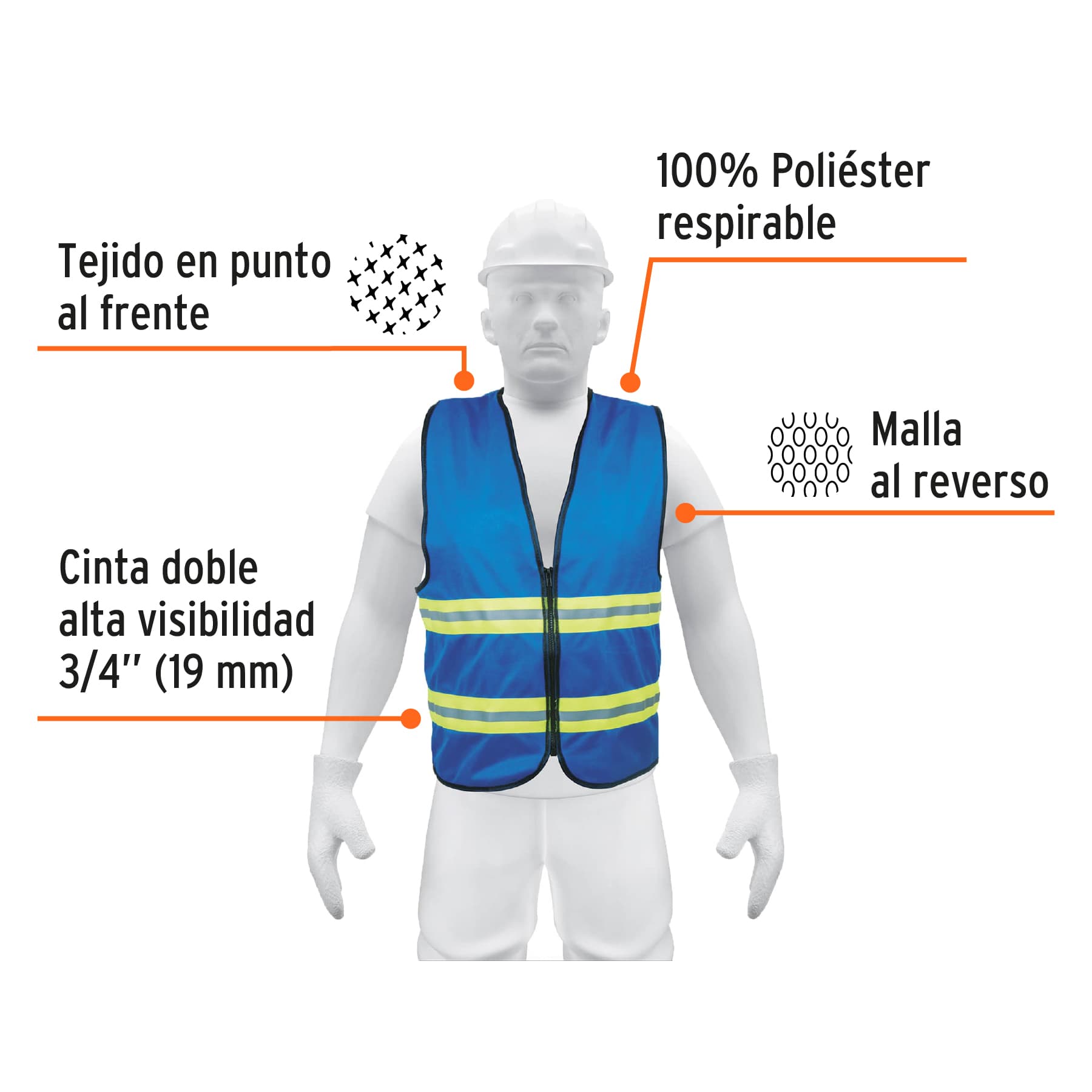 Chaleco de seguridad, alta visibilidad, con cierre, azul