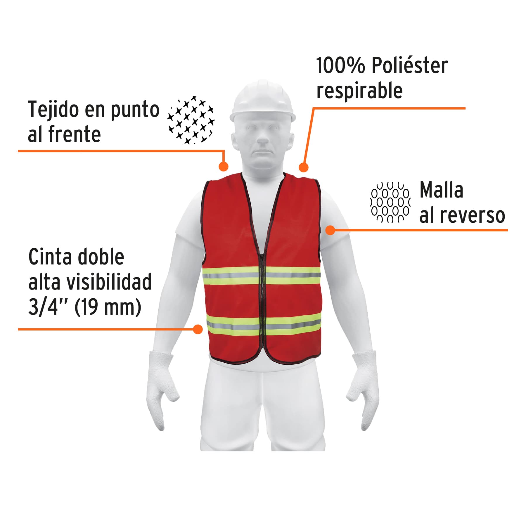 Chaleco seguridad, alta vis,cierre, rojo