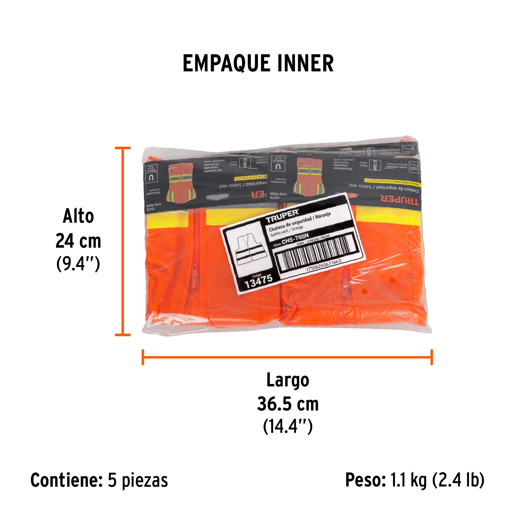 Chaleco de seguridad, maxima visibilidad, con bolsas,naranja