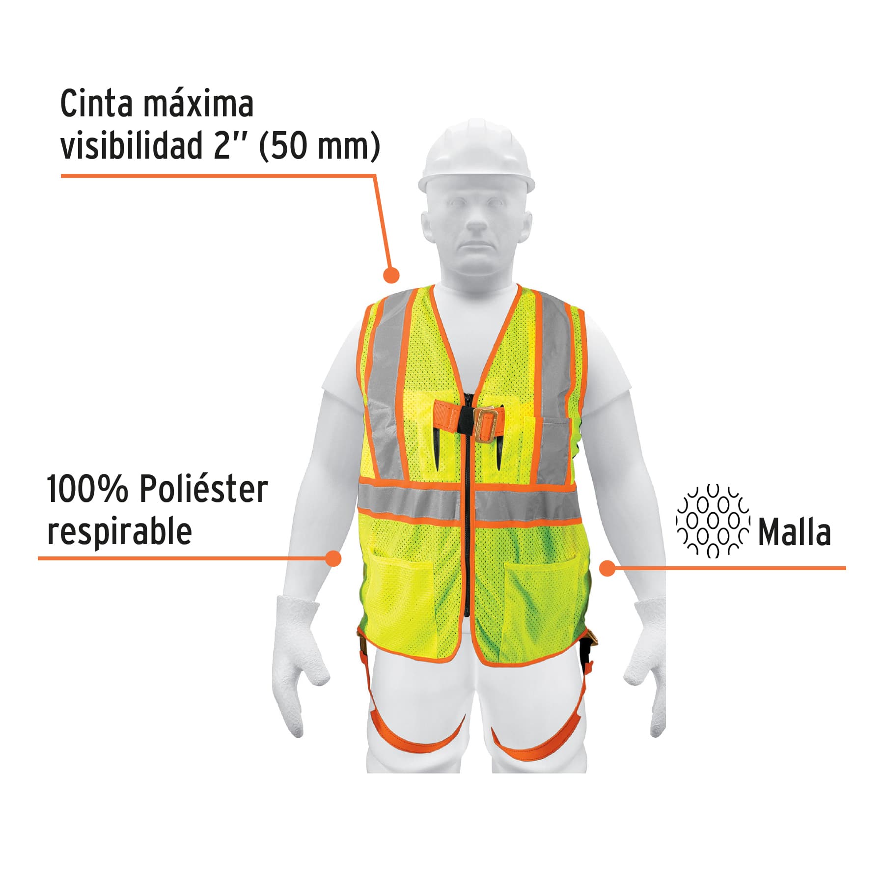 Chaleco de seguridad para arnés, alta visibilidad, verde