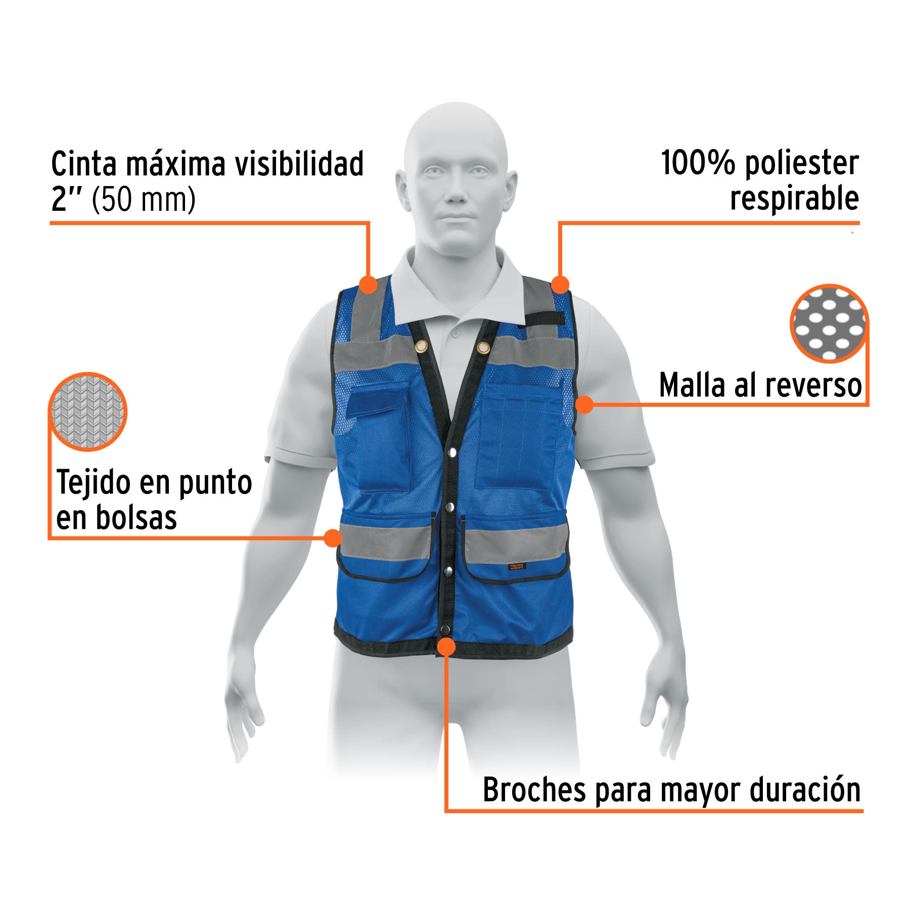Chaleco seguridad reforzado azul con bolsas, G, EXPERT
