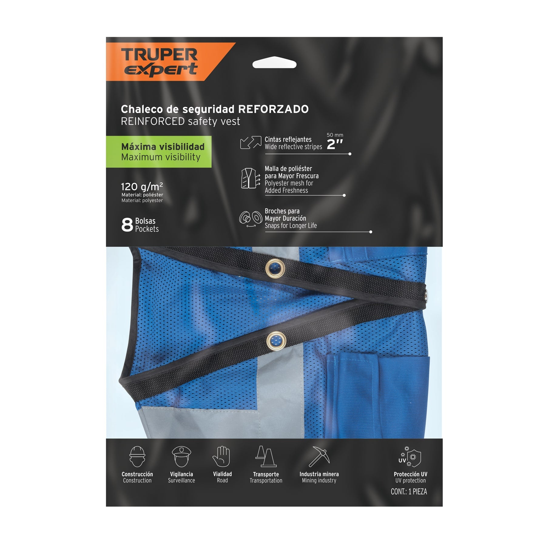 Chaleco seguridad reforzado azul con bolsas, M, EXPERT